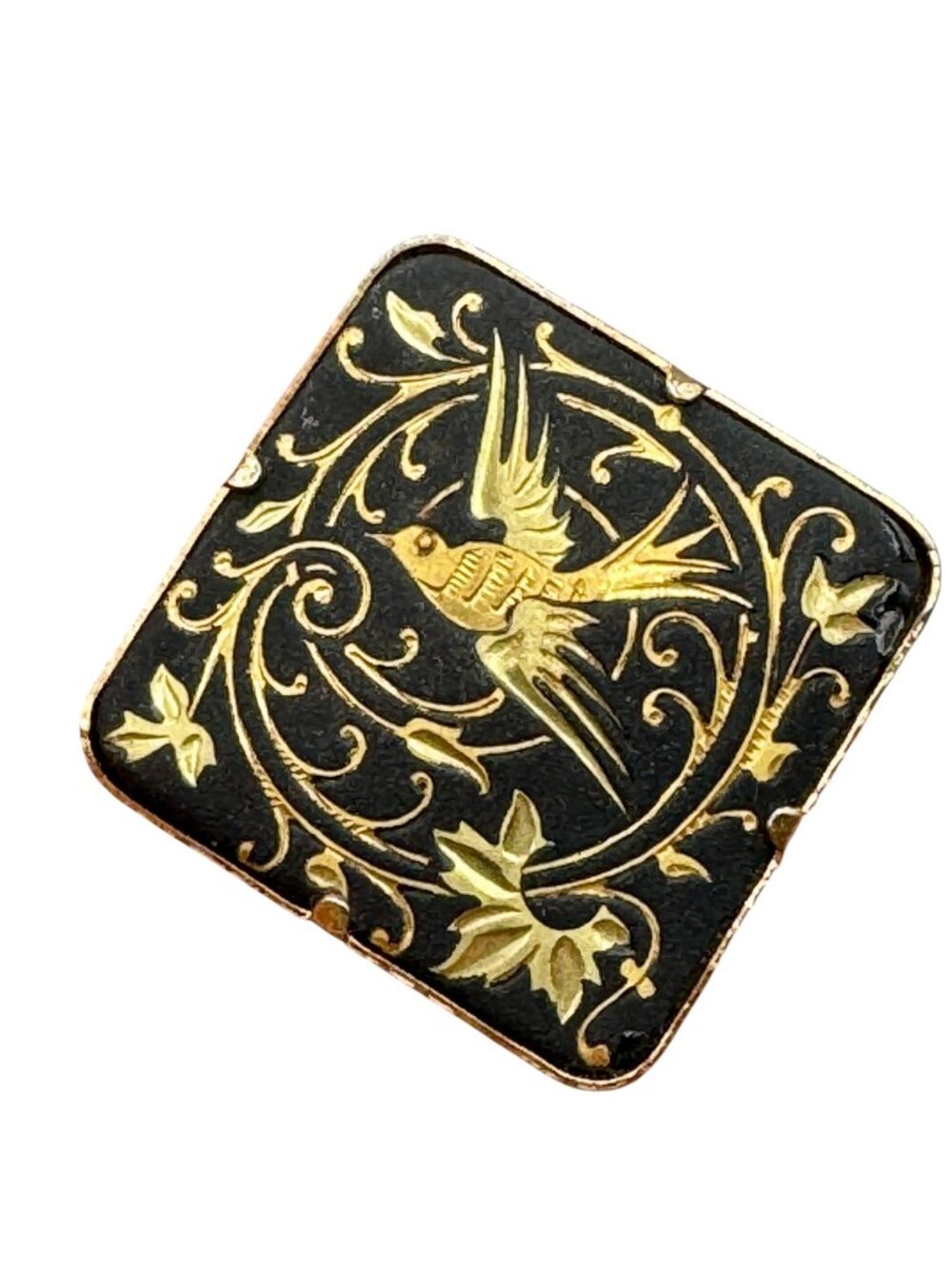 Vintage Damascene Bird Brooch Scatter Pin 1" Floral Vines Black Gold Cottagecore